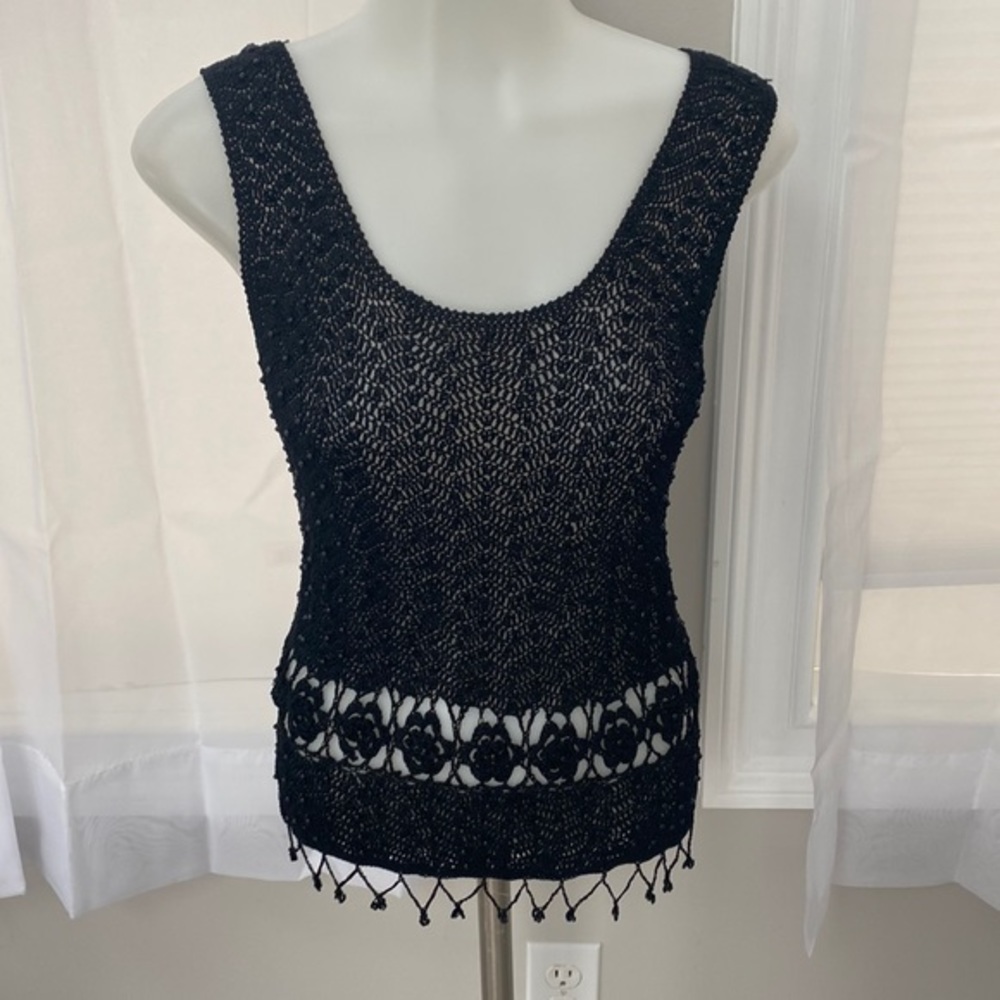 Vintage Crochet Beaded Black Tank